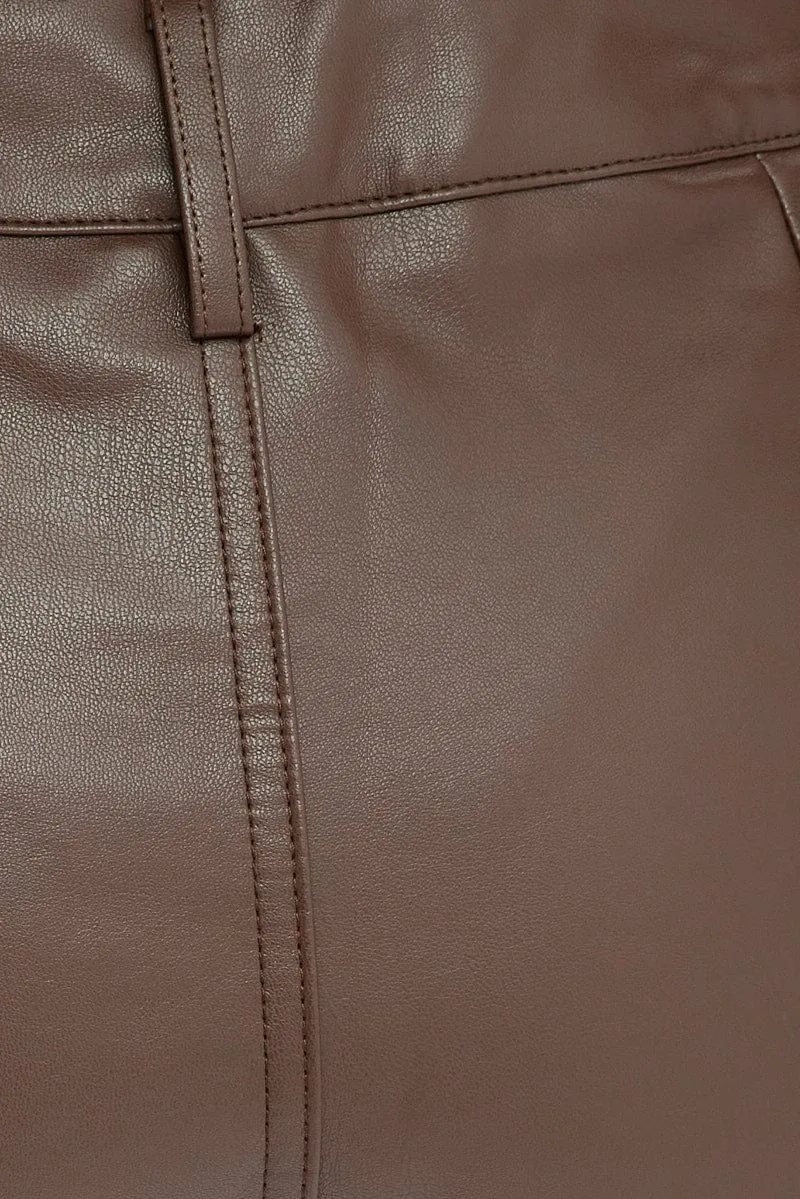 Brown Straight Fit Pants High Rise Faux Leather