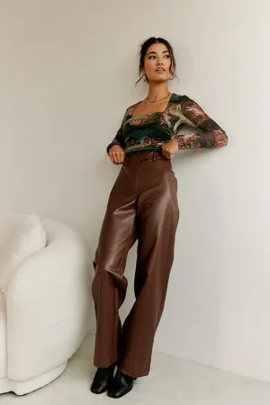 Brown Straight Fit Pants High Rise Faux Leather
