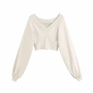 Bubble sleeve navel exposed Knitted Top slim pure color top  7179
