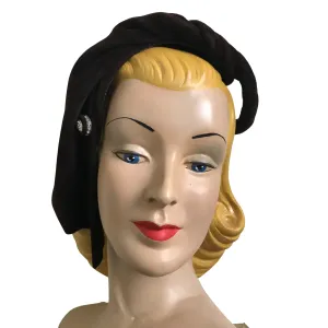 Chocolate Brown Felted Wool Elegantly Sculpted Rhinestone Accented Cocktail Hat circa 1950s