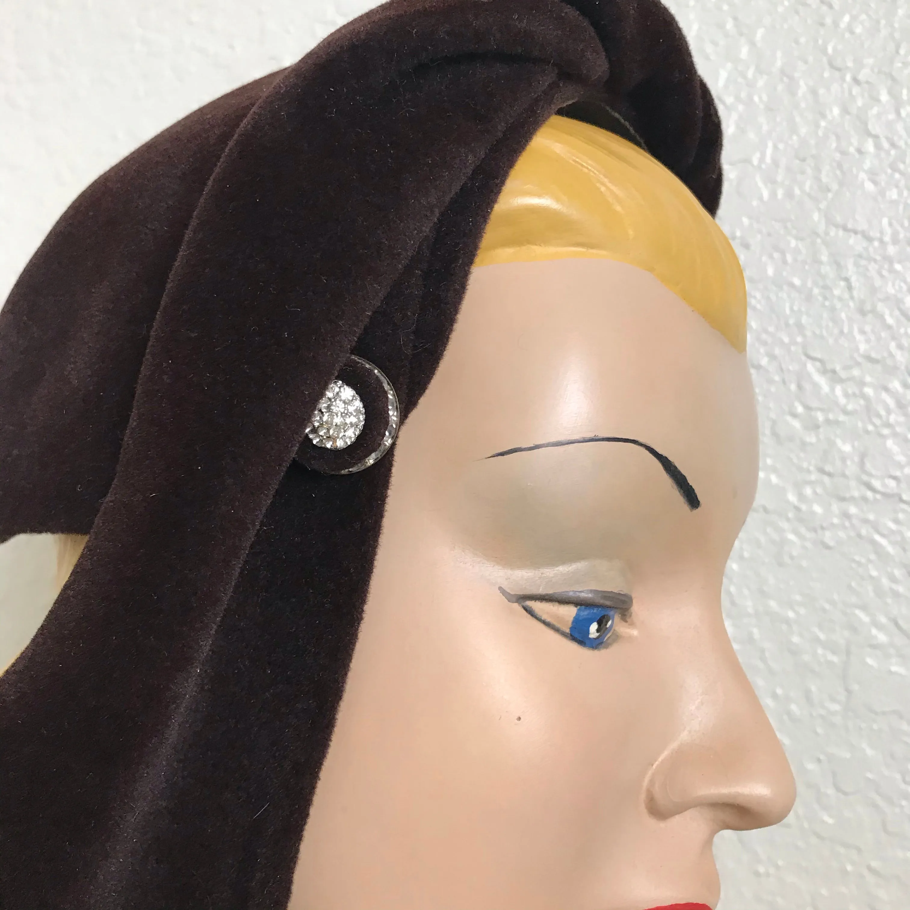 Chocolate Brown Felted Wool Elegantly Sculpted Rhinestone Accented Cocktail Hat circa 1950s