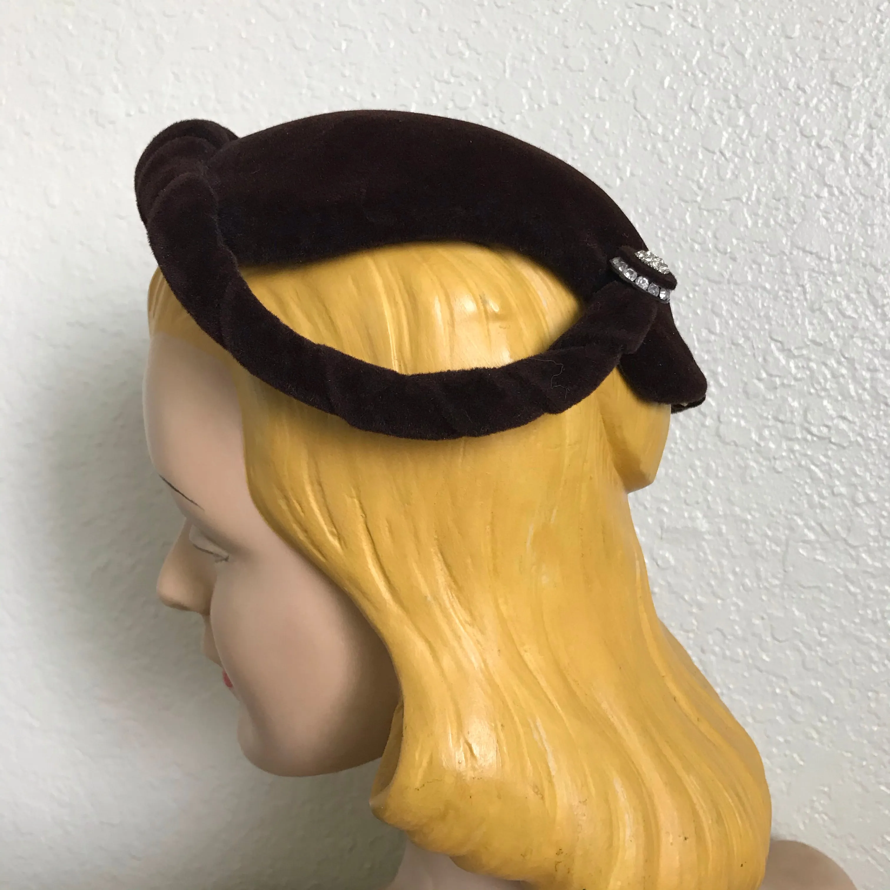 Chocolate Brown Felted Wool Elegantly Sculpted Rhinestone Accented Cocktail Hat circa 1950s