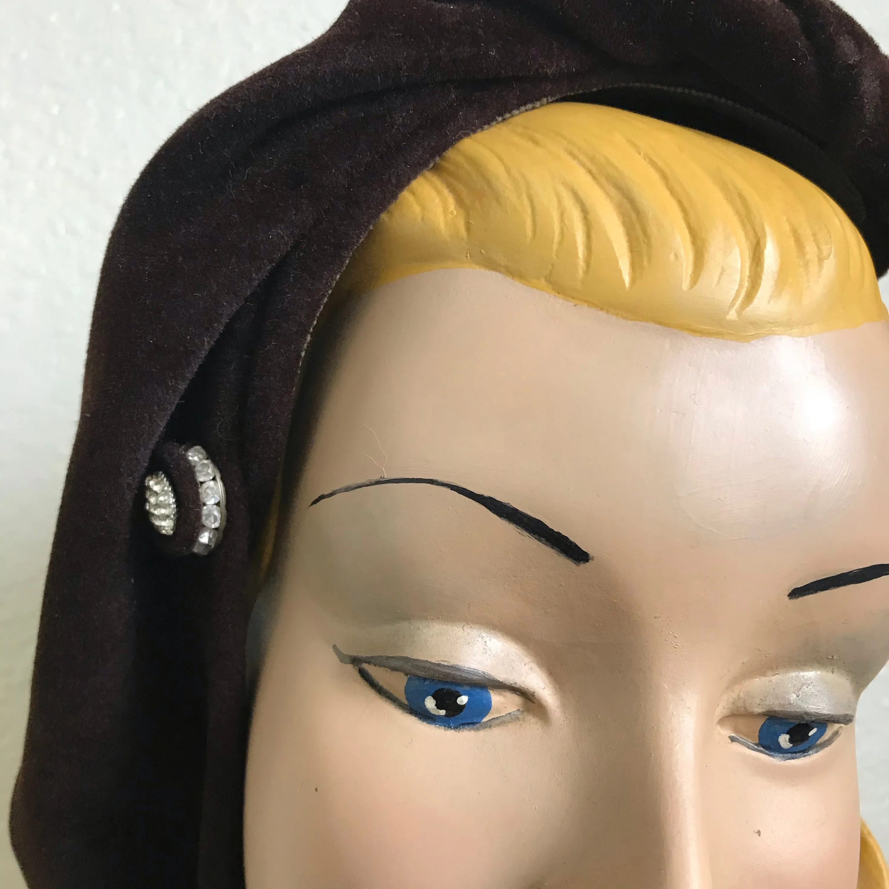 Chocolate Brown Felted Wool Elegantly Sculpted Rhinestone Accented Cocktail Hat circa 1950s