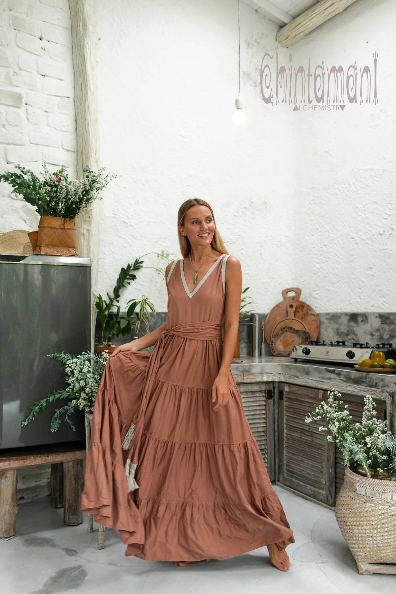 Cotton Maxi Tiered Dress / Dusty Pink
