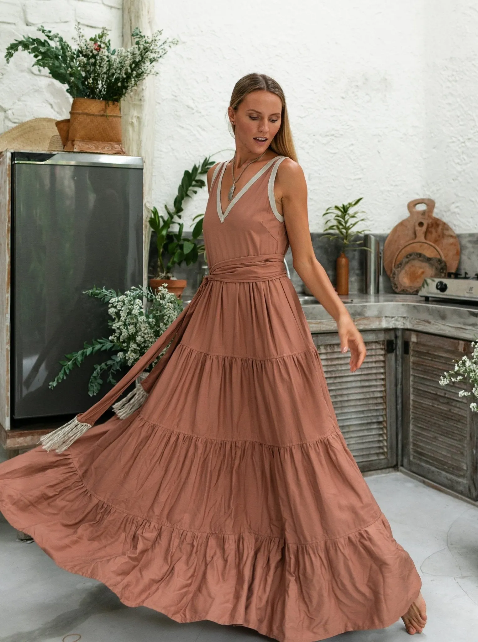 Cotton Maxi Tiered Dress / Dusty Pink