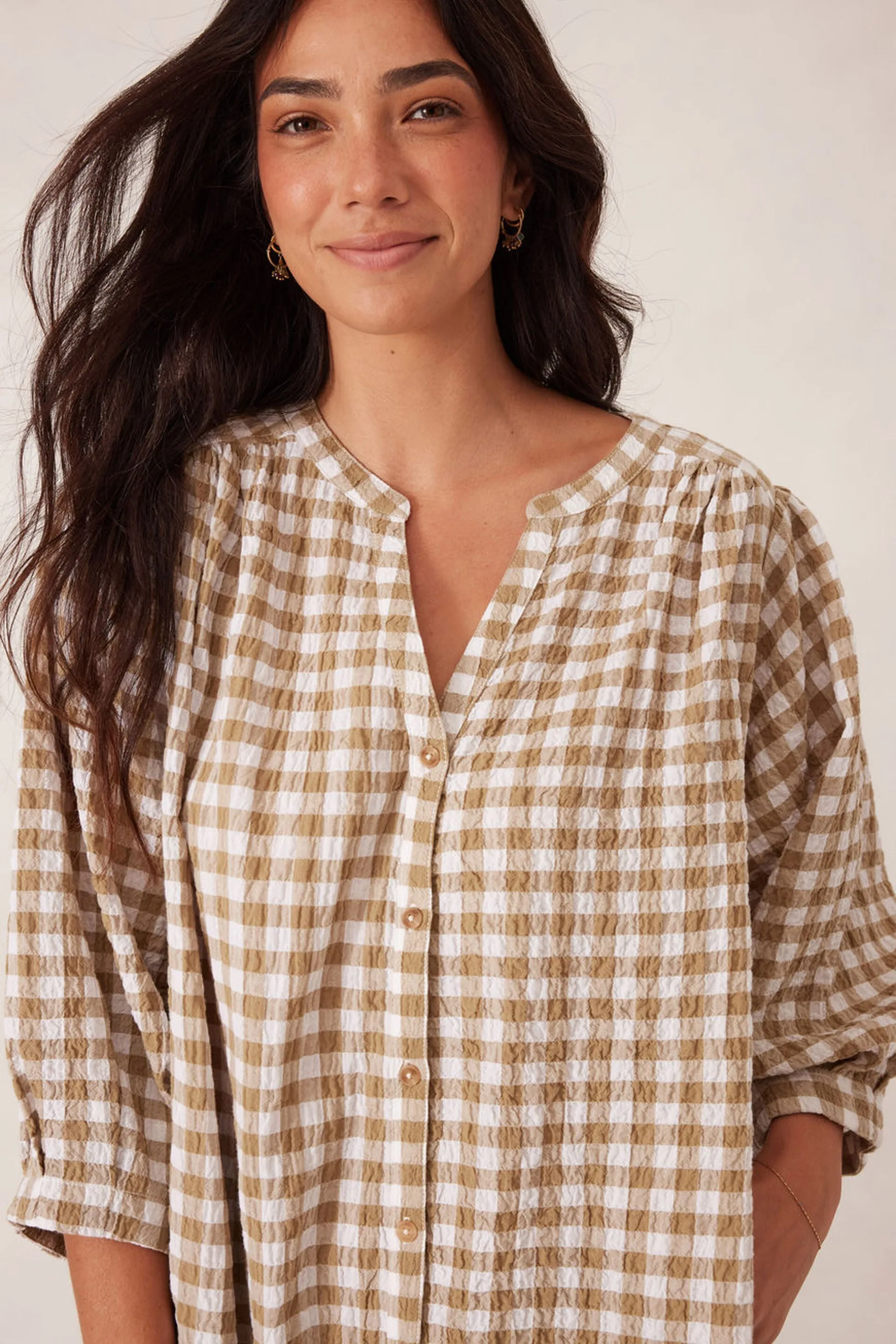 Crinkle Mini Dress - Fig Green/White Gingham