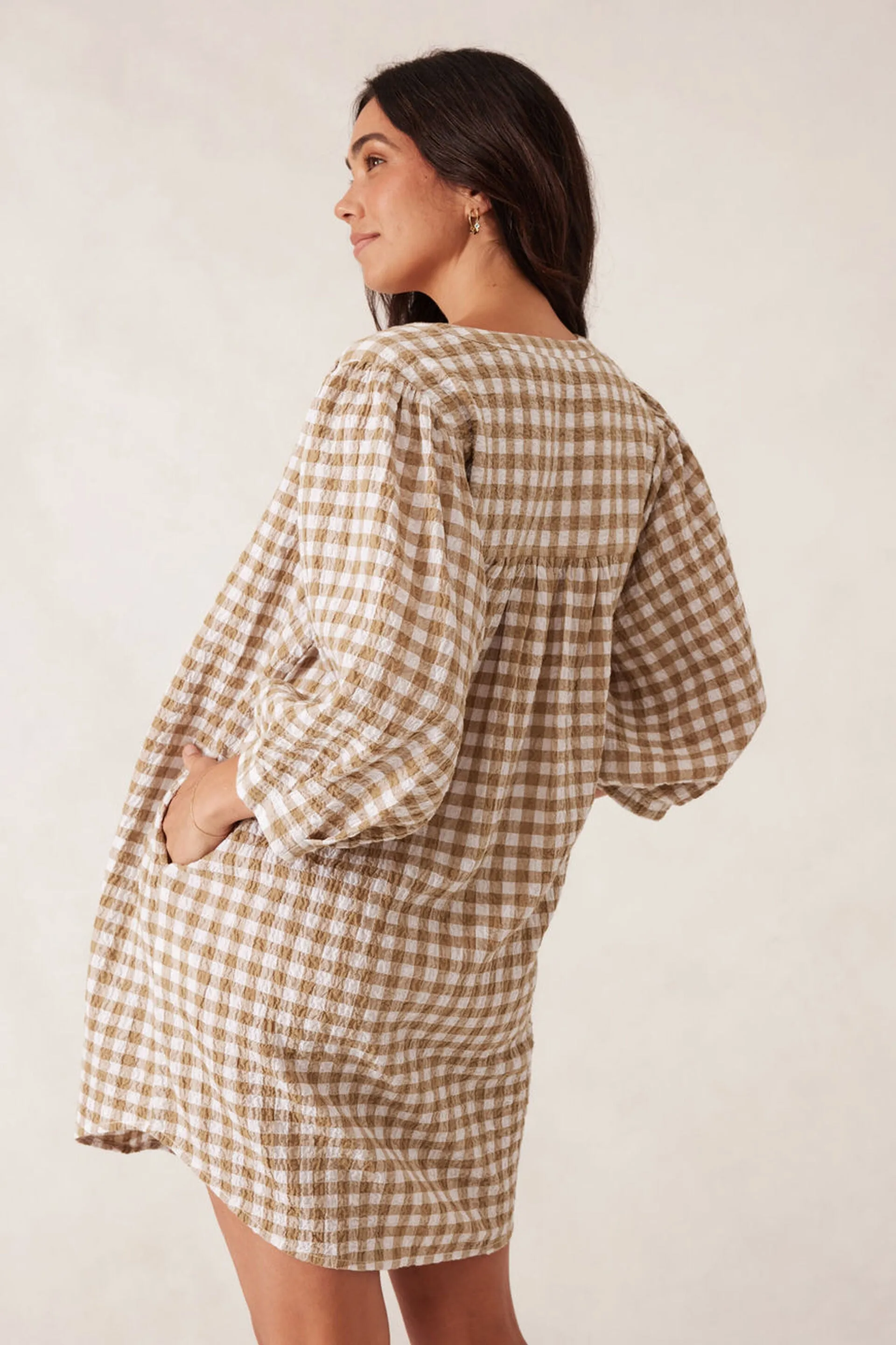 Crinkle Mini Dress - Fig Green/White Gingham