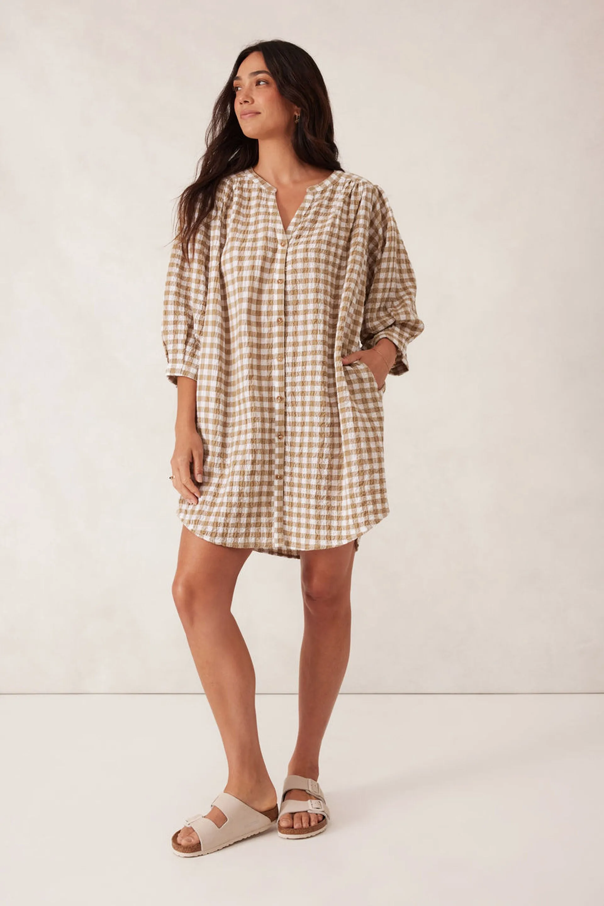 Crinkle Mini Dress - Fig Green/White Gingham