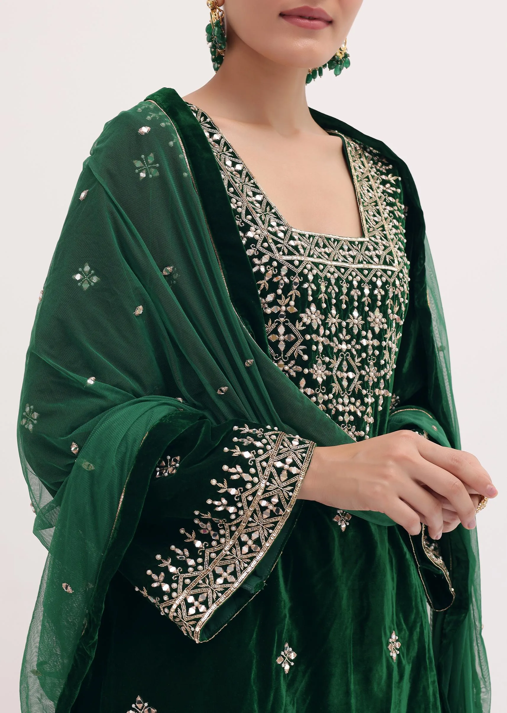 Dark Green Embroidered Velvet Kurta Dhoti Set