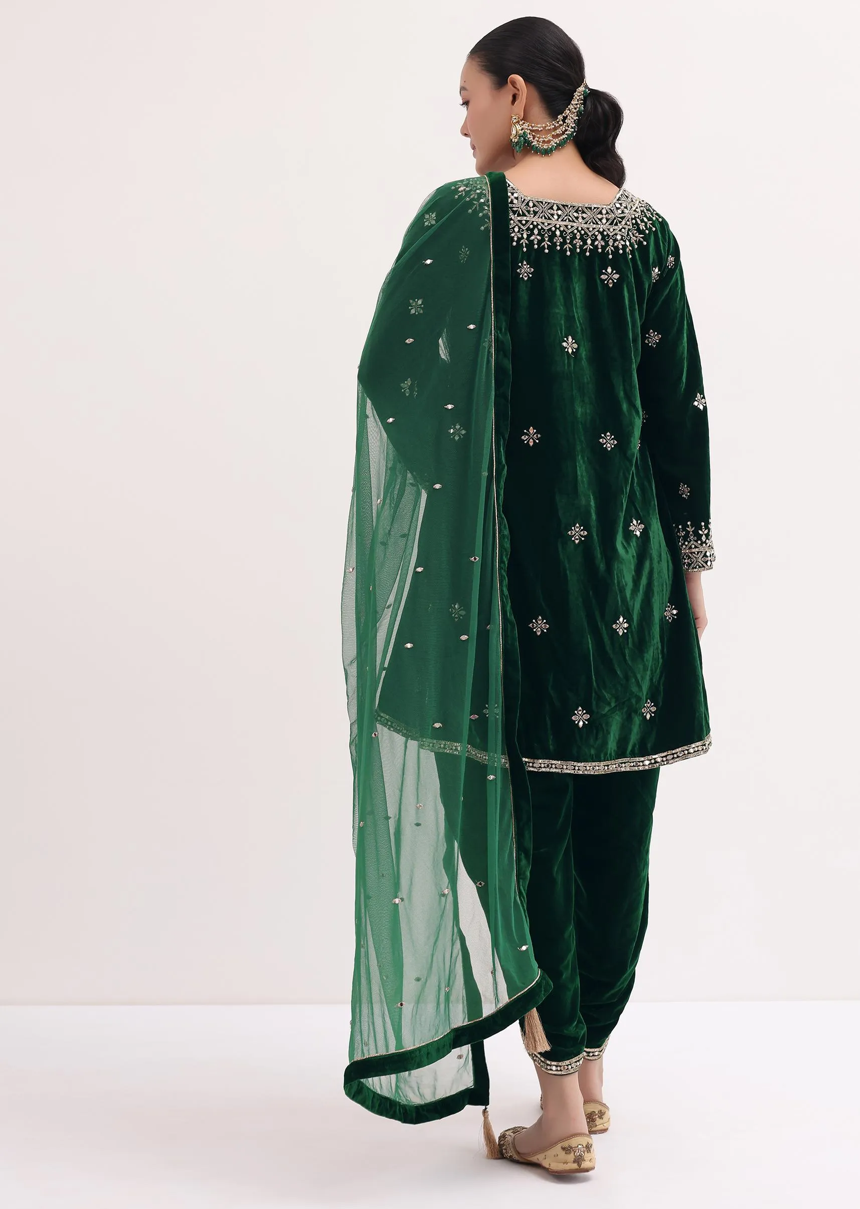 Dark Green Embroidered Velvet Kurta Dhoti Set