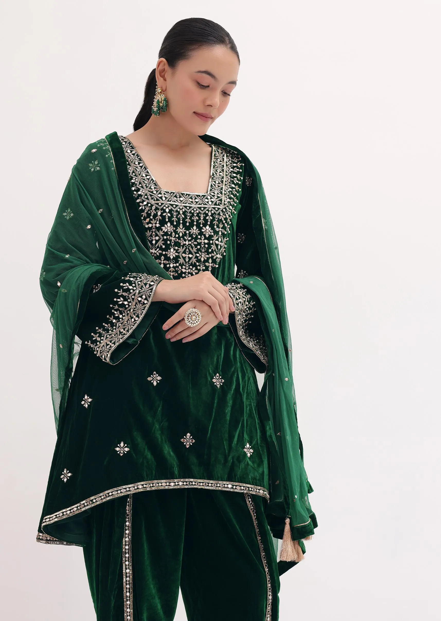Dark Green Embroidered Velvet Kurta Dhoti Set