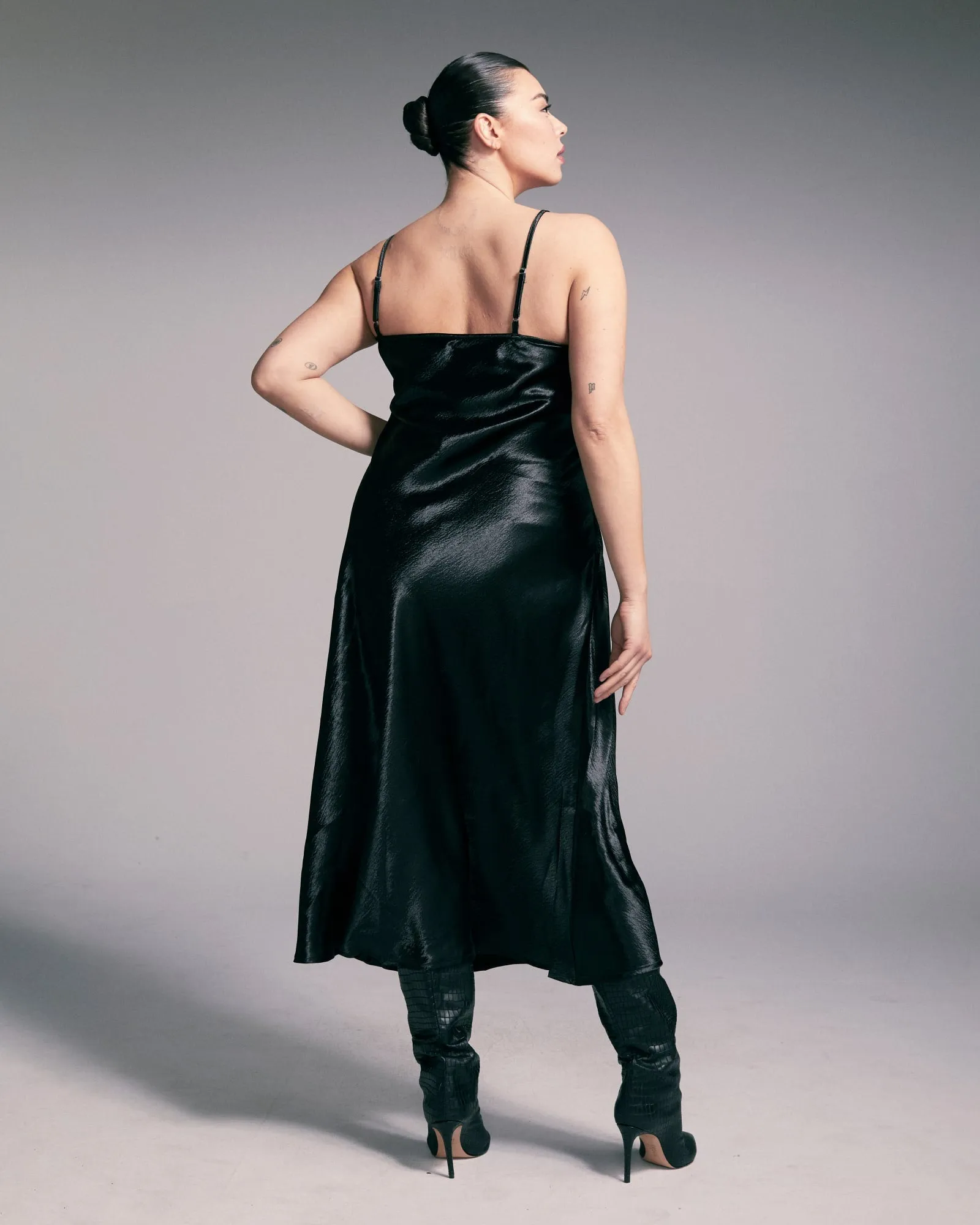 Drea Cowlneck Satin Midi Slip Dress | Black