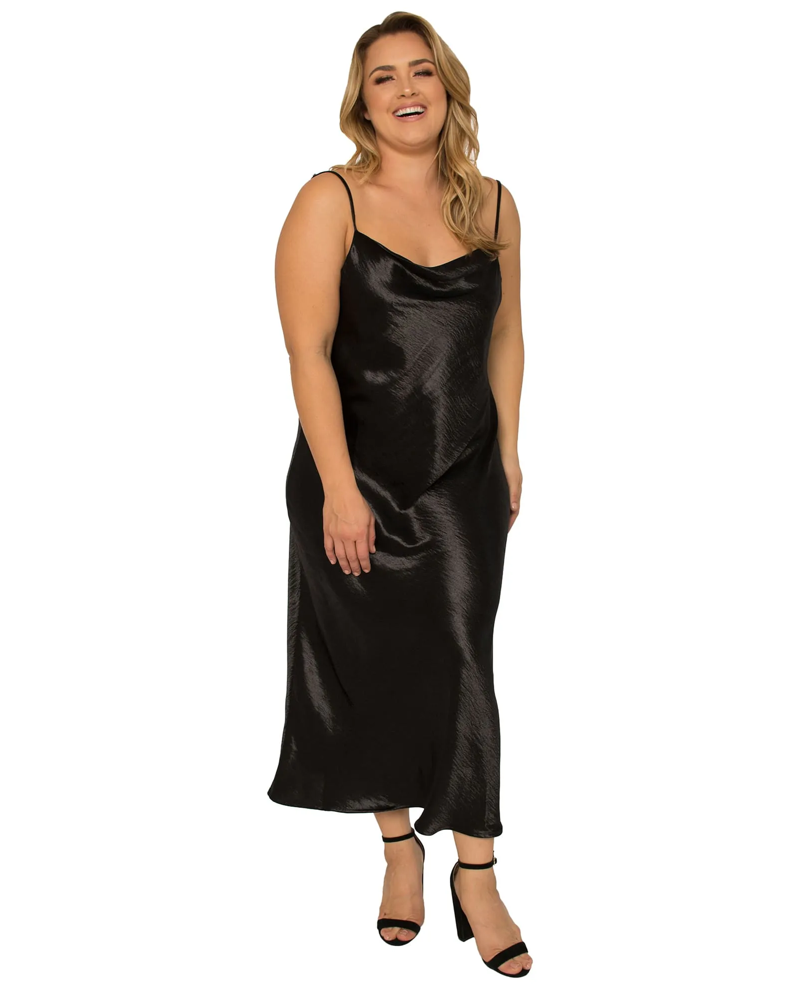 Drea Cowlneck Satin Midi Slip Dress | Black