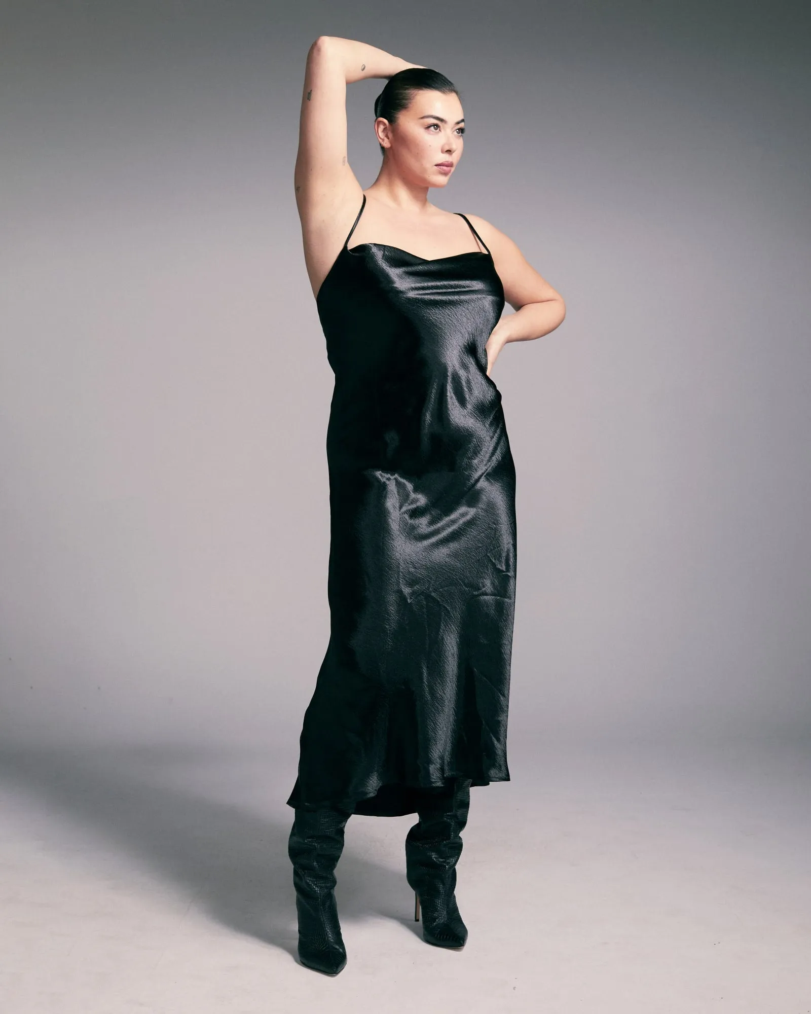 Drea Cowlneck Satin Midi Slip Dress | Black
