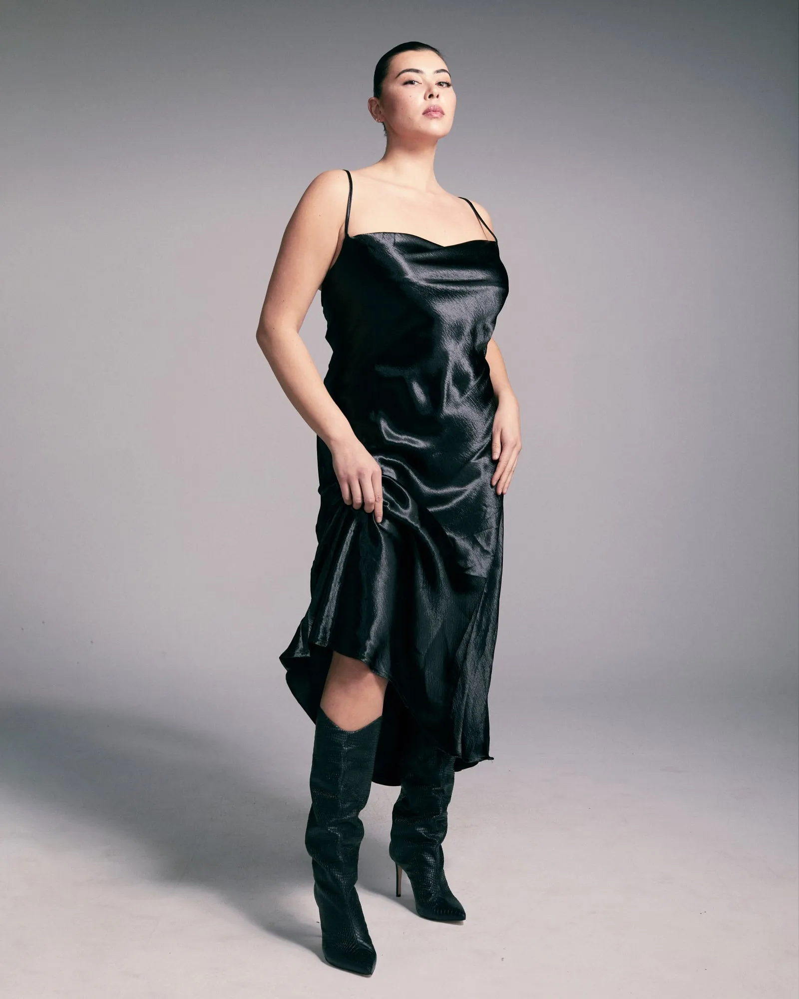 Drea Cowlneck Satin Midi Slip Dress | Black