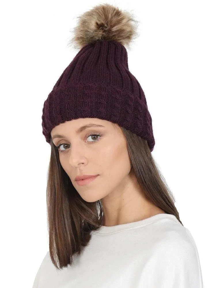 FabSeasons Acrylic Purple Woolen Winter skull cap with Pom Pom for Girls & Women