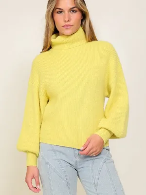 Fashion Fusion Rib Knit Turtleneck Sweater with Bishop Sleeves