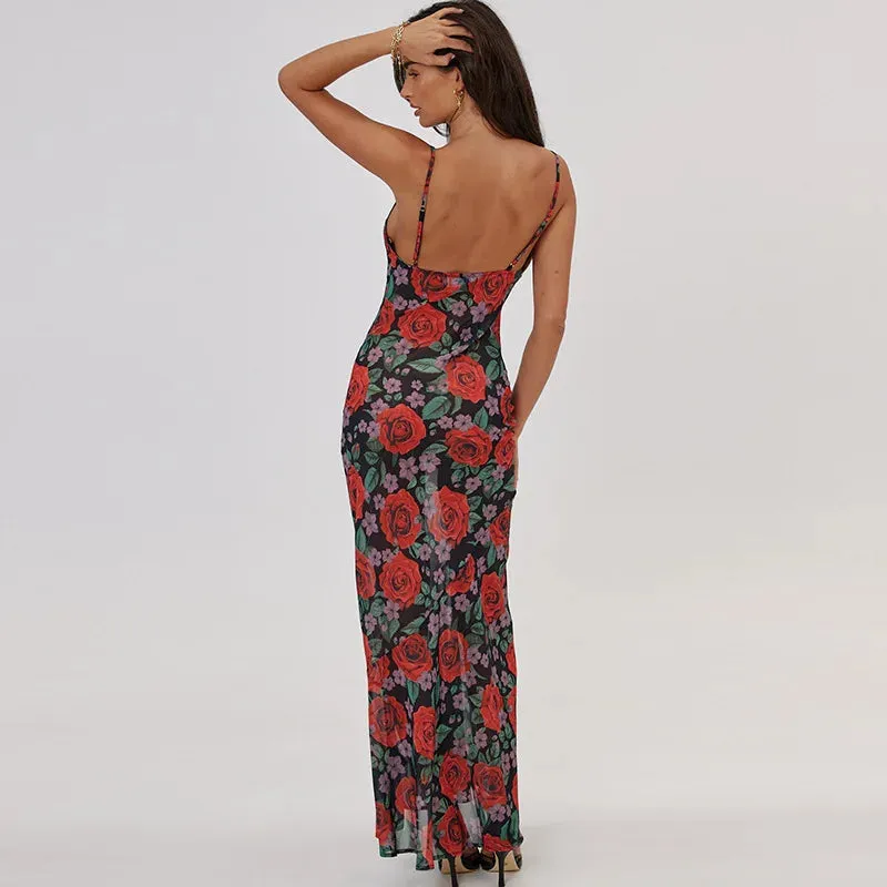Flower Print Mesh Charming Slip Maxi Dress