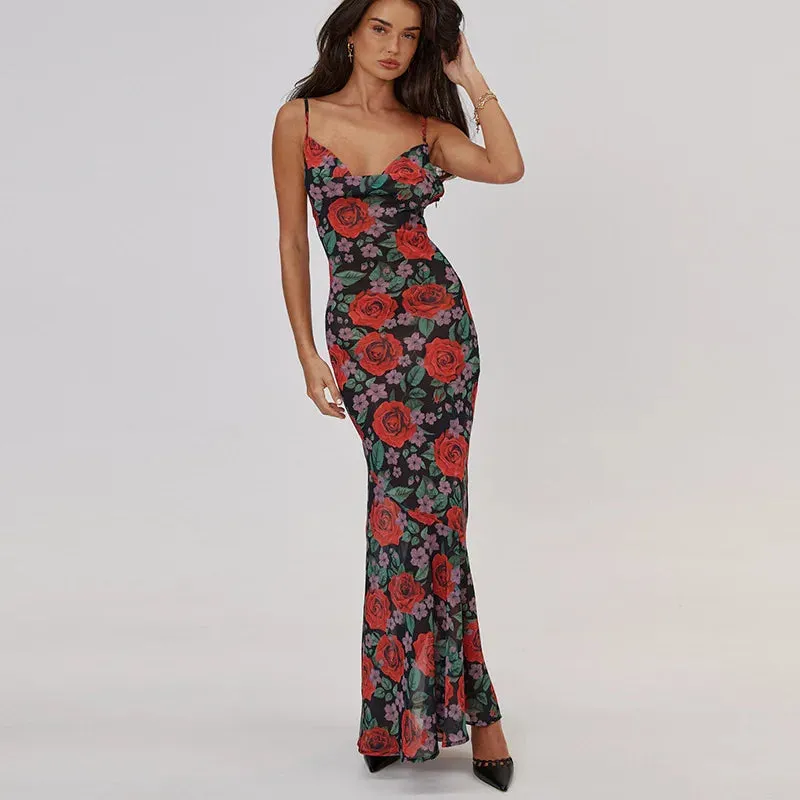 Flower Print Mesh Charming Slip Maxi Dress
