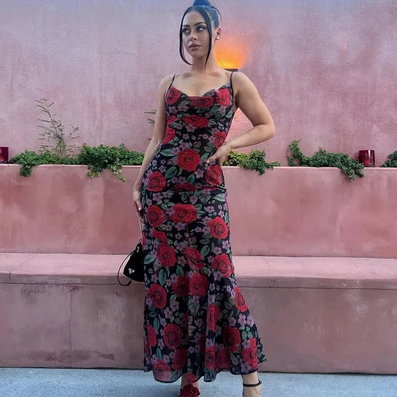 Flower Print Mesh Charming Slip Maxi Dress