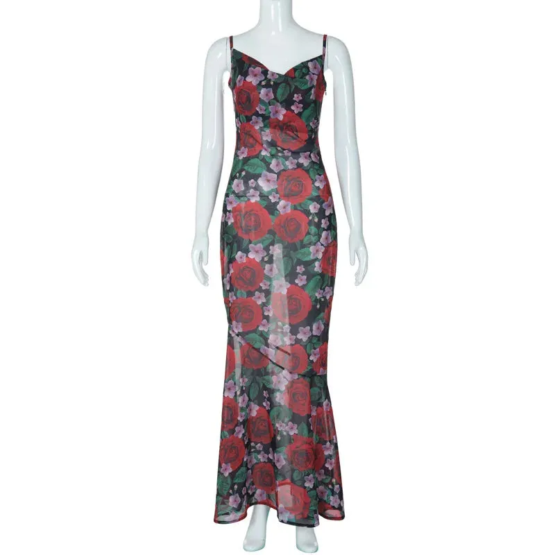 Flower Print Mesh Charming Slip Maxi Dress