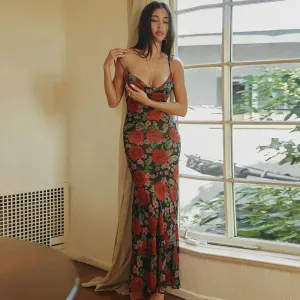 Flower Print Mesh Charming Slip Maxi Dress