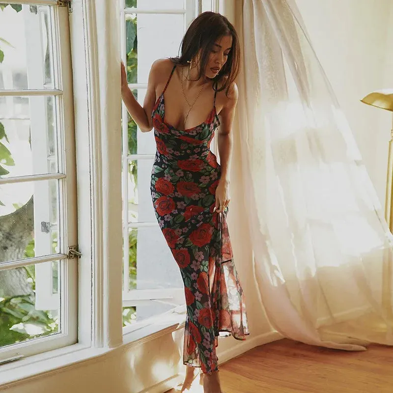 Flower Print Mesh Charming Slip Maxi Dress