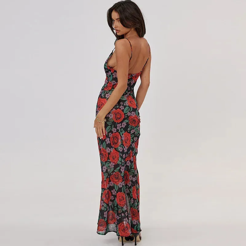 Flower Print Mesh Charming Slip Maxi Dress