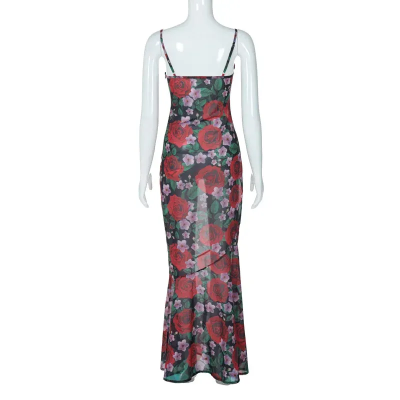 Flower Print Mesh Charming Slip Maxi Dress