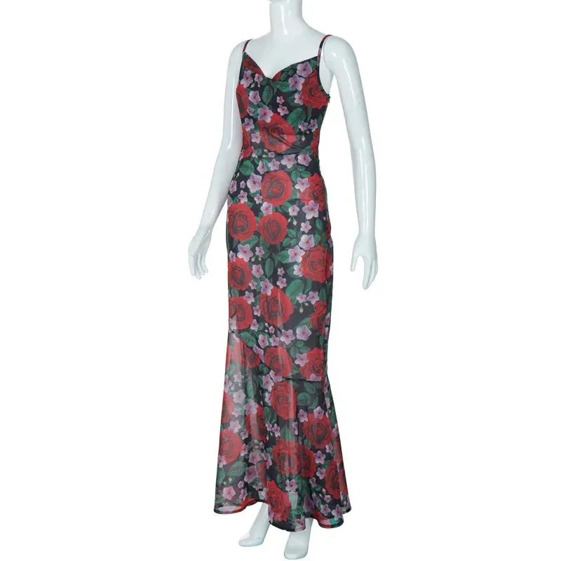 Flower Print Mesh Charming Slip Maxi Dress