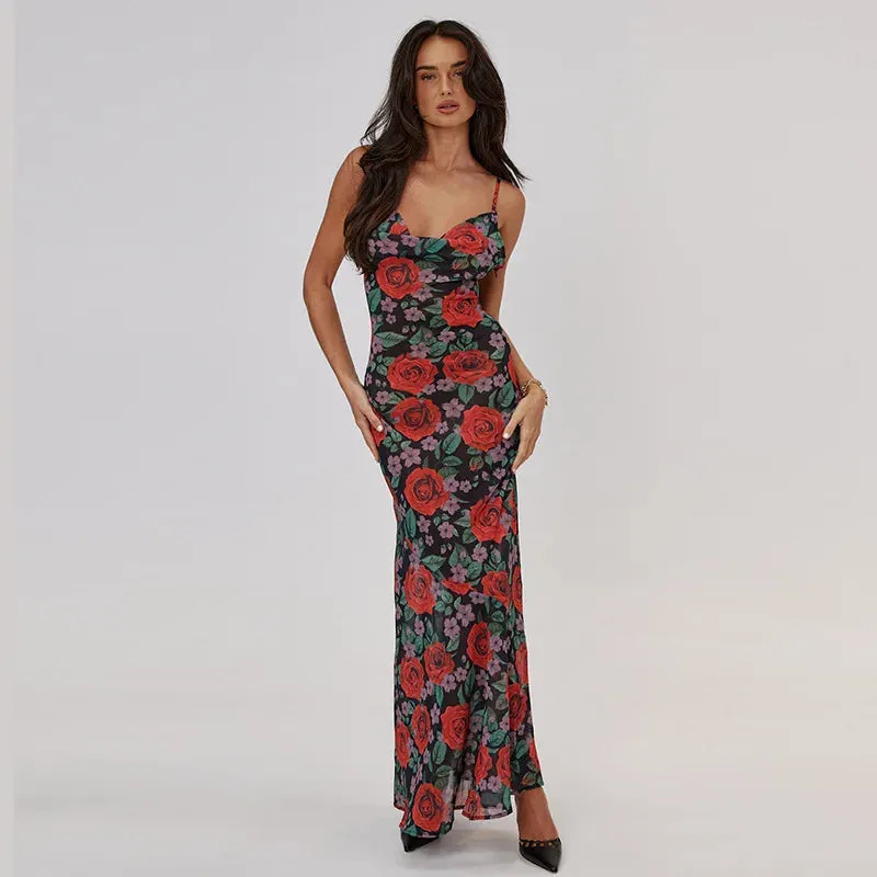 Flower Print Mesh Charming Slip Maxi Dress