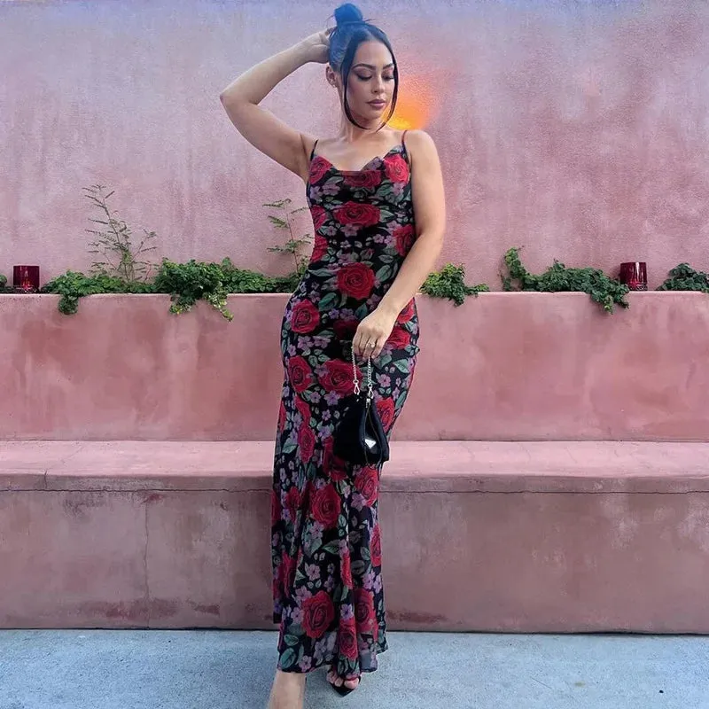 Flower Print Mesh Charming Slip Maxi Dress