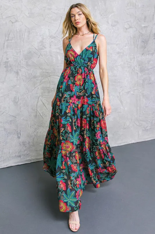 Flying Tomato Womens Printed Maxi dress black and bright paisley Print