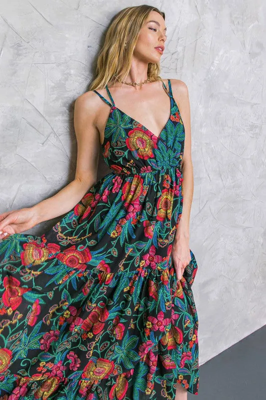 Flying Tomato Womens Printed Maxi dress black and bright paisley Print