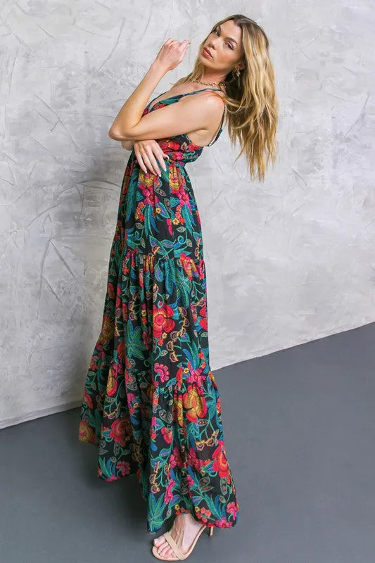 Flying Tomato Womens Printed Maxi dress black and bright paisley Print