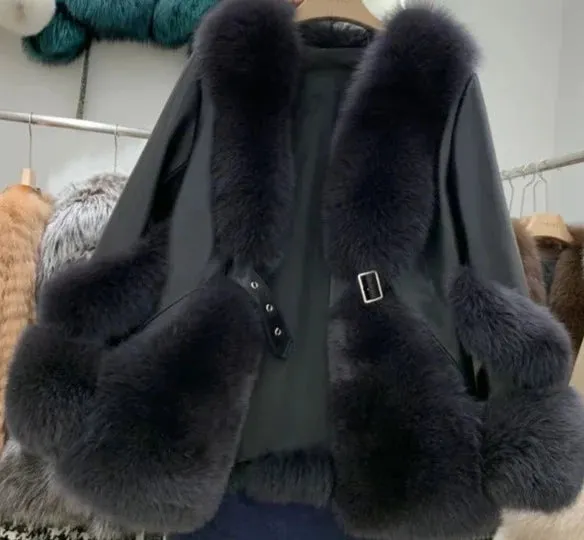 Fox Fur Mid-Length Sheepskin Coat