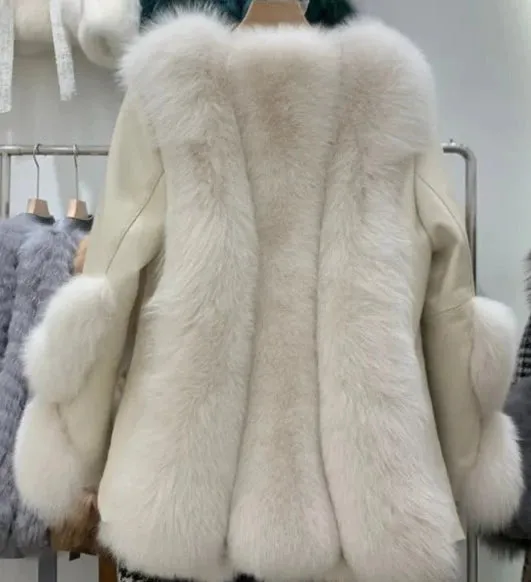 Fox Fur Mid-Length Sheepskin Coat