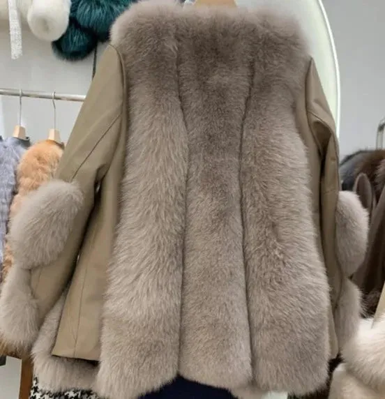 Fox Fur Mid-Length Sheepskin Coat