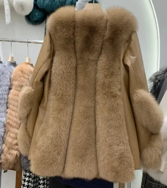 Fox Fur Mid-Length Sheepskin Coat