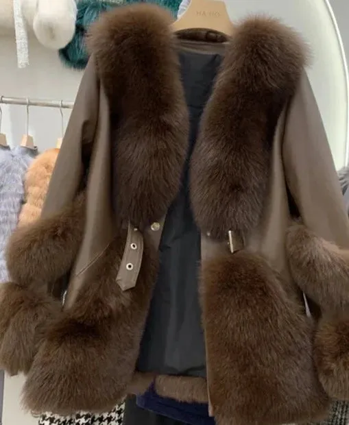 Fox Fur Mid-Length Sheepskin Coat