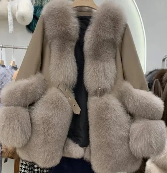 Fox Fur Mid-Length Sheepskin Coat