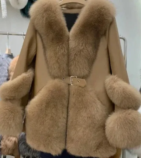 Fox Fur Mid-Length Sheepskin Coat