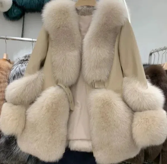 Fox Fur Mid-Length Sheepskin Coat
