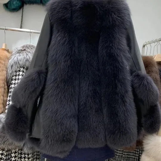 Fox Fur Mid-Length Sheepskin Coat