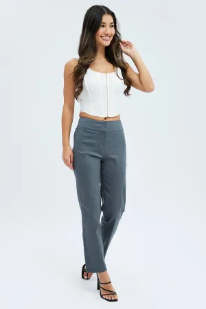 Grey Straight Fit Pants Mid Rise