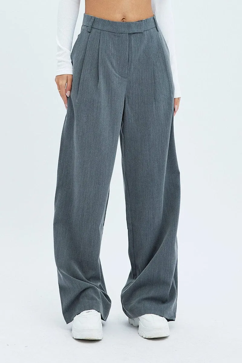 Grey Wide Leg Pants Mid Rise