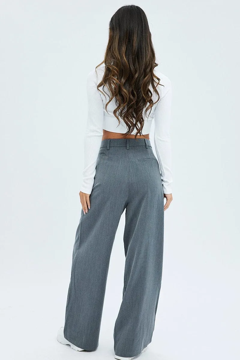 Grey Wide Leg Pants Mid Rise