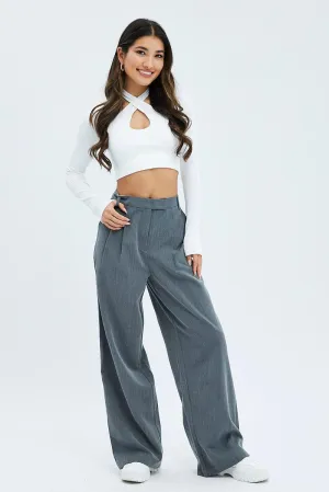 Grey Wide Leg Pants Mid Rise