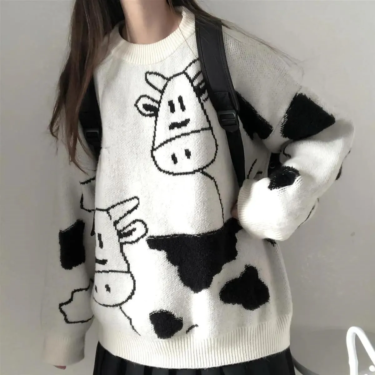 Harajuku Cartoon Cow Sweater - Embrace Cuteness and Warmth All Winter Long! 🐄❄️