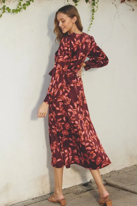 Jillian Long Sleeve Floral Print Wrap Maxi Dress Burgundy